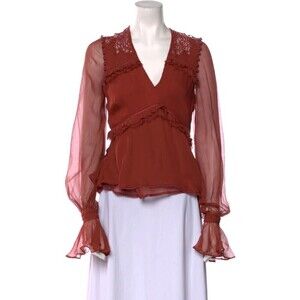 NWOT Jonathan Simkhai Silk V-Neck Blouse XS Brown Long Sleeve Ruffle Lace Detail